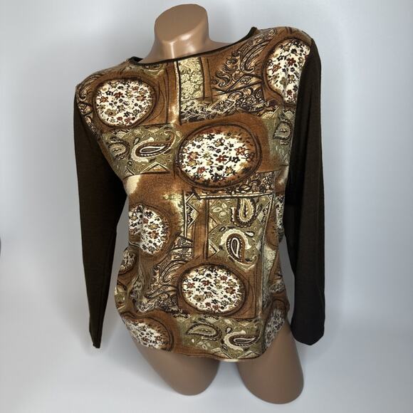 Vintage Y2K Brown Baroque Paisley Top M Indie Retro Long Sleeve Stretchy Boho - Picture 8 of 8
